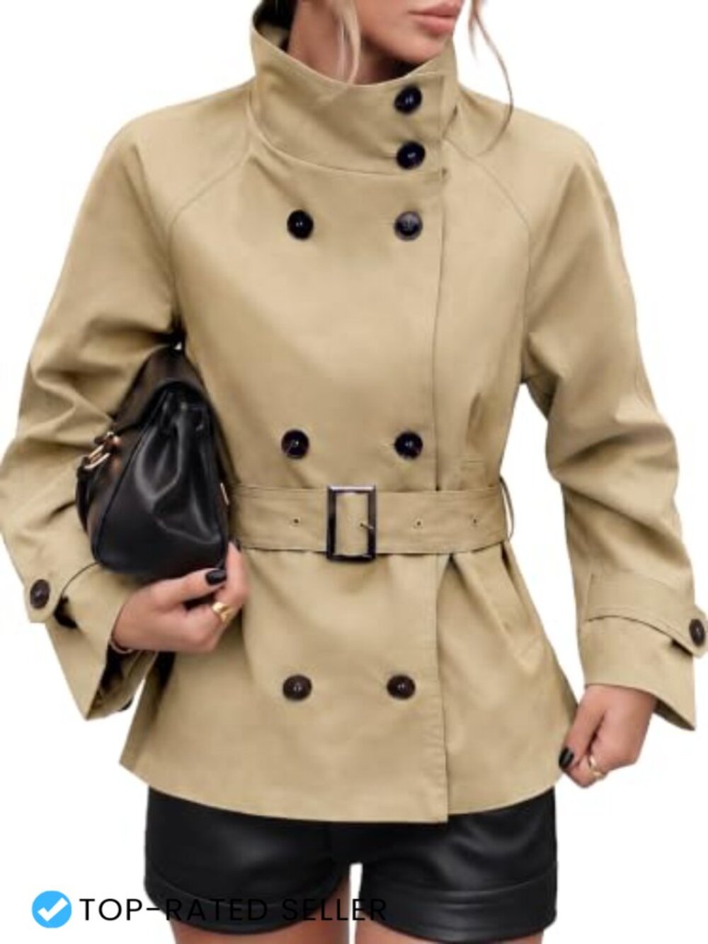 Cropped Trench Coat Funnel Neck Belted Lightweight Raglan Sleeve Fall Jacket
